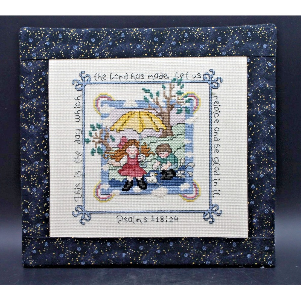 Handmade Cross Stitch Psalms 118:24 Wall Hanging Mounted Textile Art 12x11